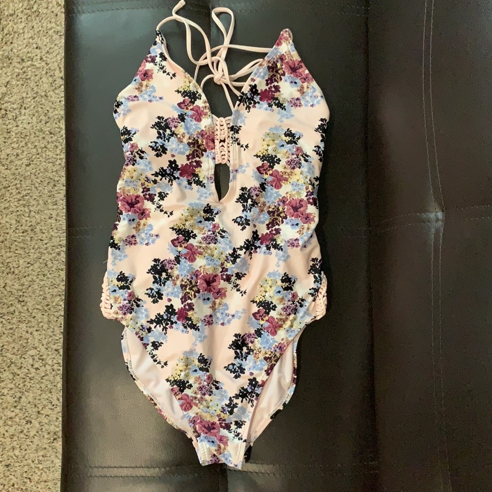 Light pink floral one piece swimsuit with ties